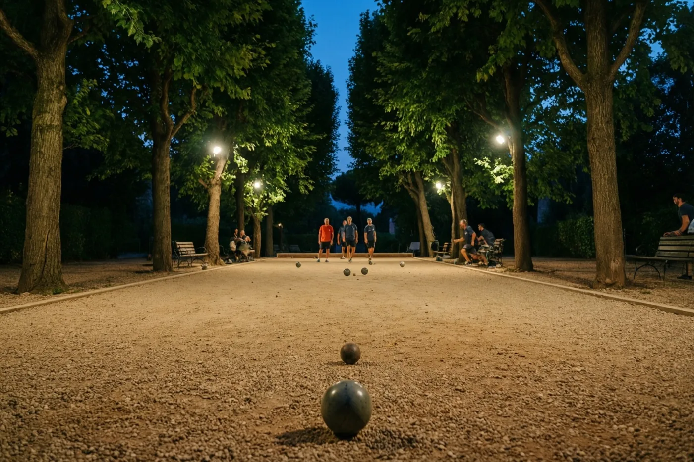 Bij schemering wordt petanque gespeeld op een grindbaan onder hoge platanen, verlicht door warme lampen.