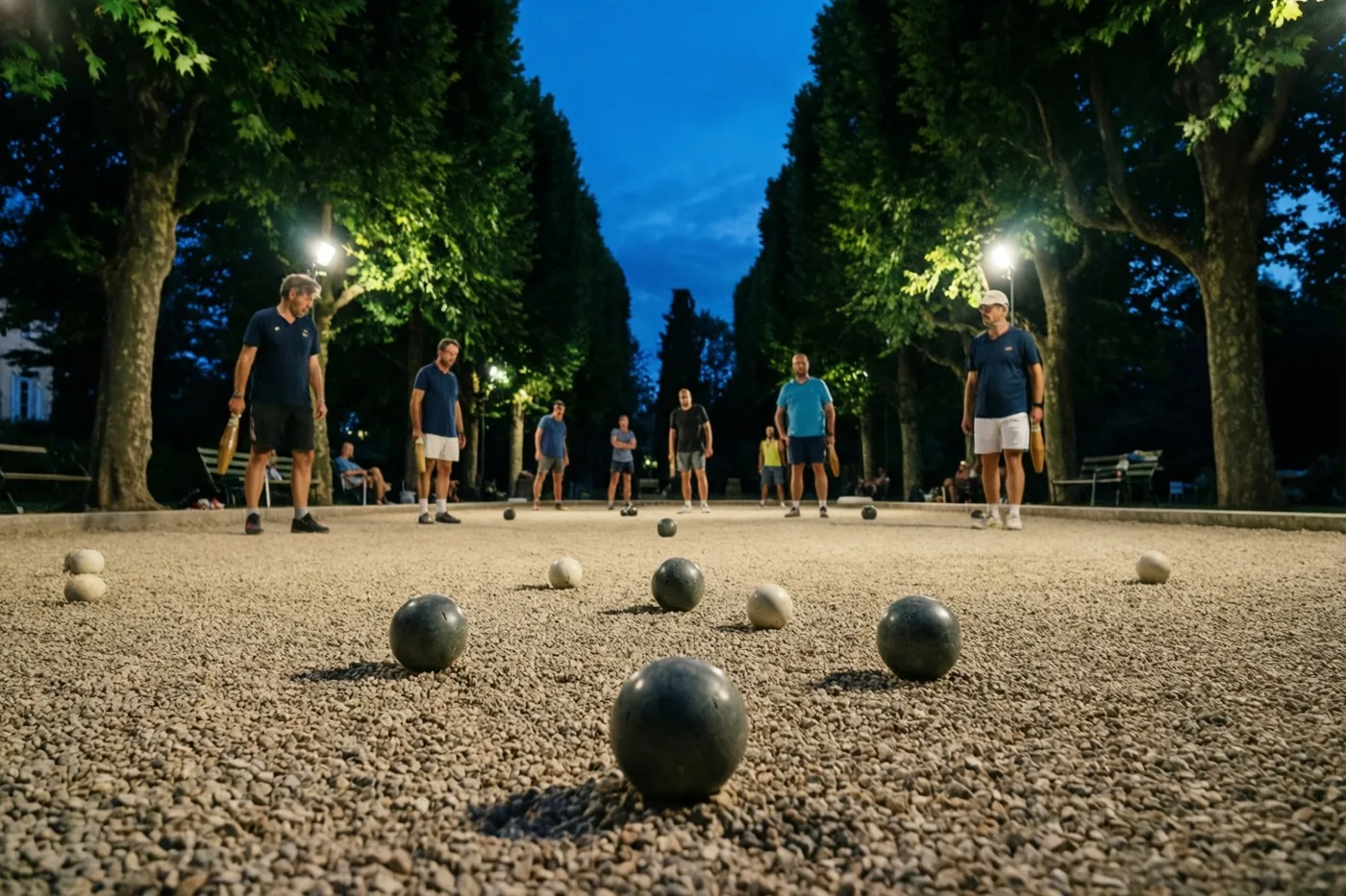 Een groep mensen speelt petanque op een grindbaan tussen hoge platanen, onder straatlampen en een diepblauwe schemerlucht.