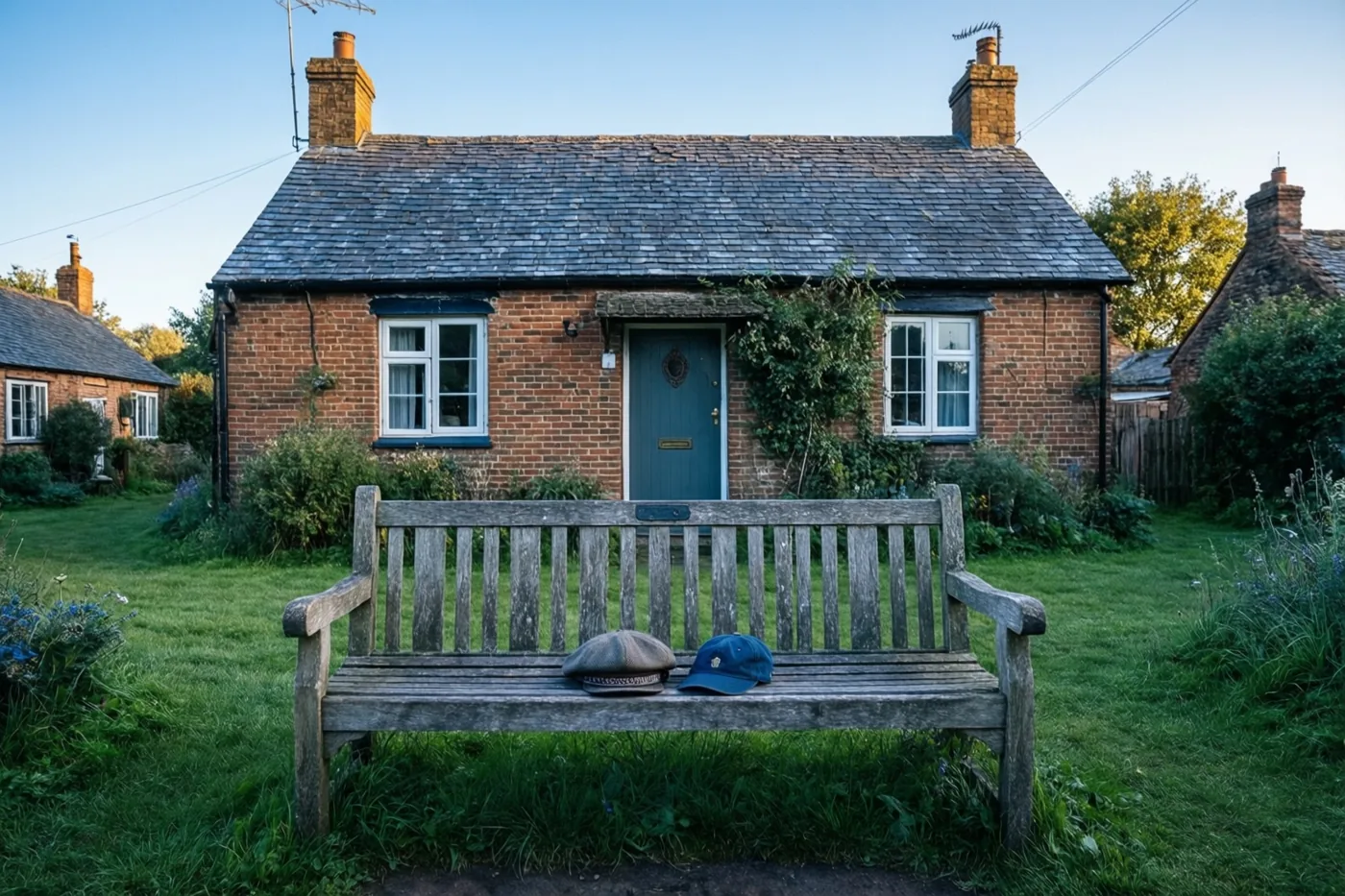 Een verweerde houten bank met een platte pet en een kinderpet staat in een groene tuin voor een bakstenen huisje met een leien dak, twee ramen en een blauwe deur onder een heldere blauwe hemel.