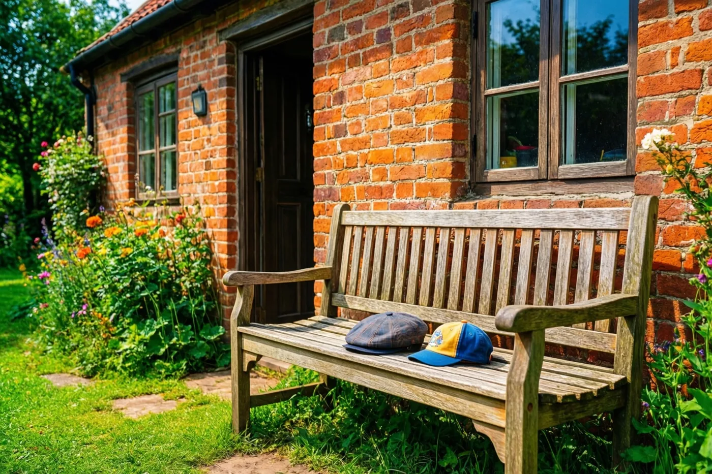 Een platte pet en een kinderpet liggen op een houten bank bij de voordeur van een rood bakstenen huisje, in een zonnige tuin met groen gras en kleurrijke bloemen.