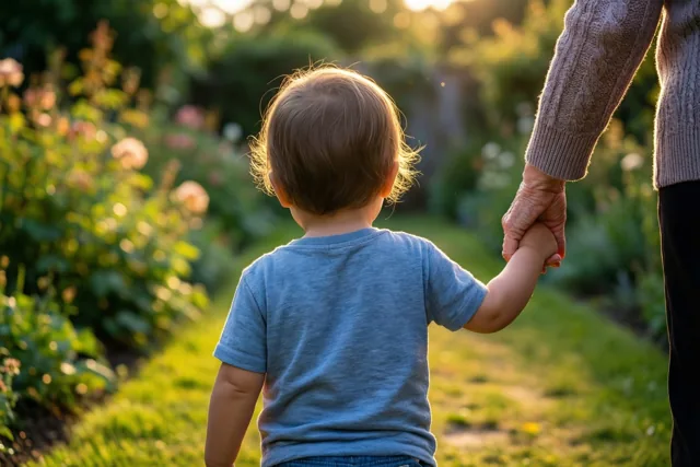 Een peuter houdt de hand van een volwassene vast op een graspaadje in warm zonlicht, met groen en onscherpe bloemen op de achtergrond, van achteren gezien.