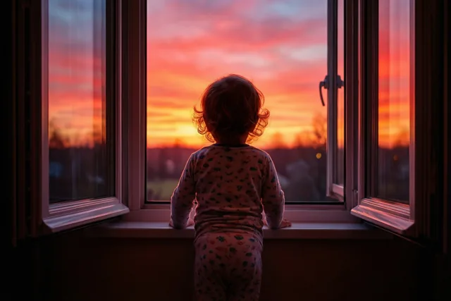 Een peuter in een pyjama met een patroon staat met de rug naar de camera aan een open raam en kijkt naar een zonsopgang in oranje, roze en paarse tinten.