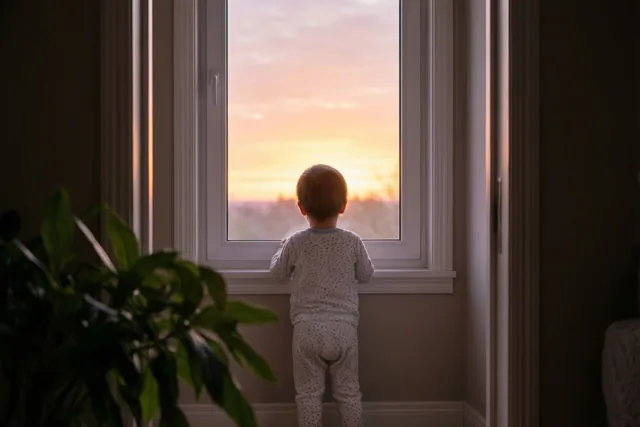 Een peuter in een pyjama met een patroon staat met de rug naar de camera aan een raam naar de zonsopgang te kijken, met een potplant op de voorgrond.