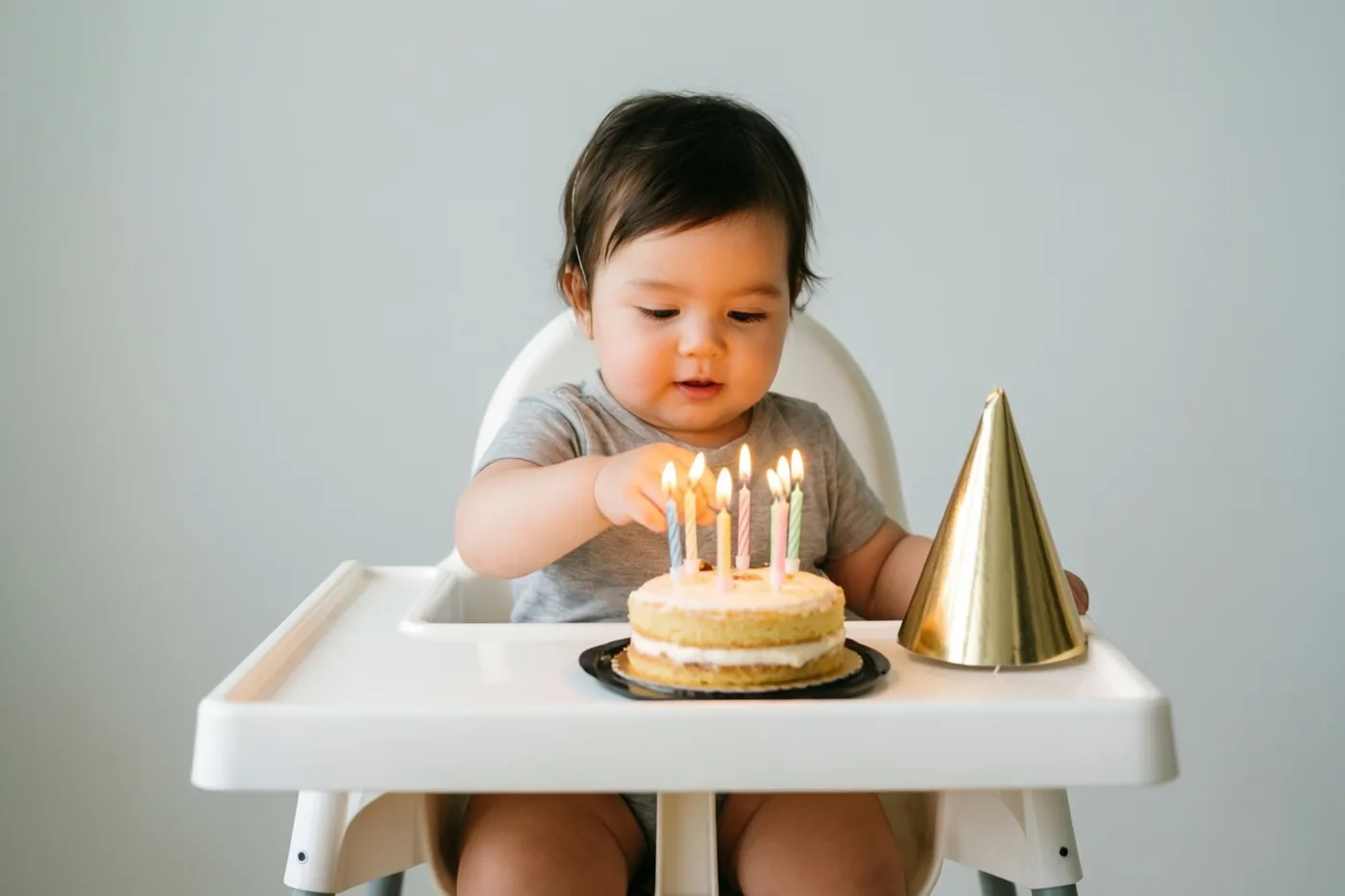 Een peuter in een witte kinderstoel reikt met een mollig handje naar een taartje met brandende kaarsjes op het eetblad, naast een gouden feesthoedje tegen een lichtgrijze achtergrond.