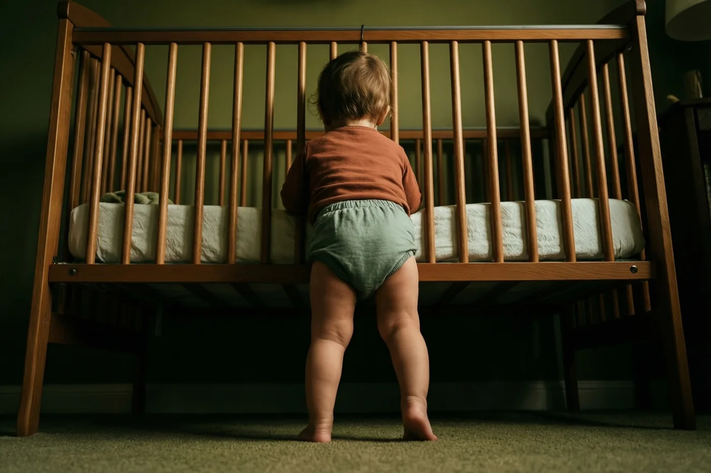 Een peuter staat van achteren gezien op de tenen en kijkt over de rand van een houten wieg in een schemerige kamer met gedempte groene muren en tapijt.