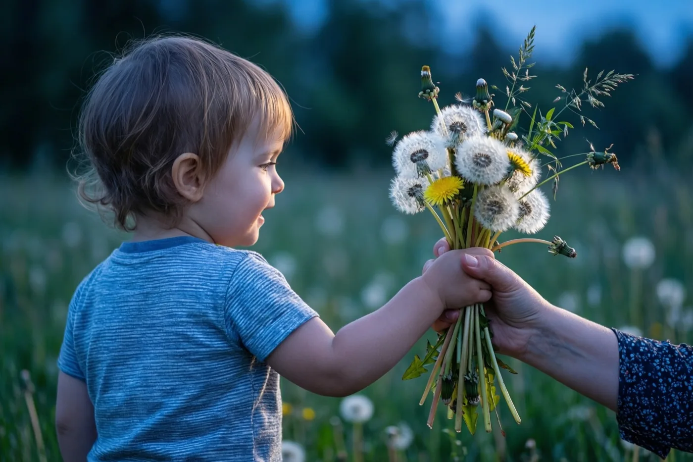 Een peuter in een blauw shirt is op de rug gezien terwijl die in een grasveld bij schemering een boeketje paardenbloemen aan een volwassene geeft.