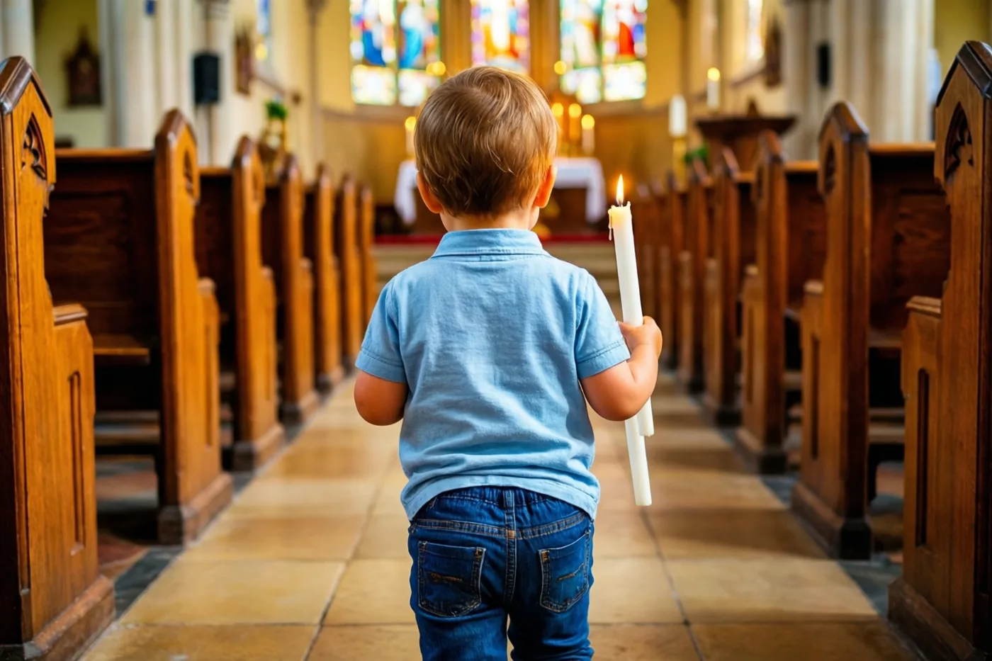 Een blonde peuter in een blauw hemd en jeans loopt van achteren gezien met een brandende witte doopkaars door een houten kerk met glasramen bij het altaar.