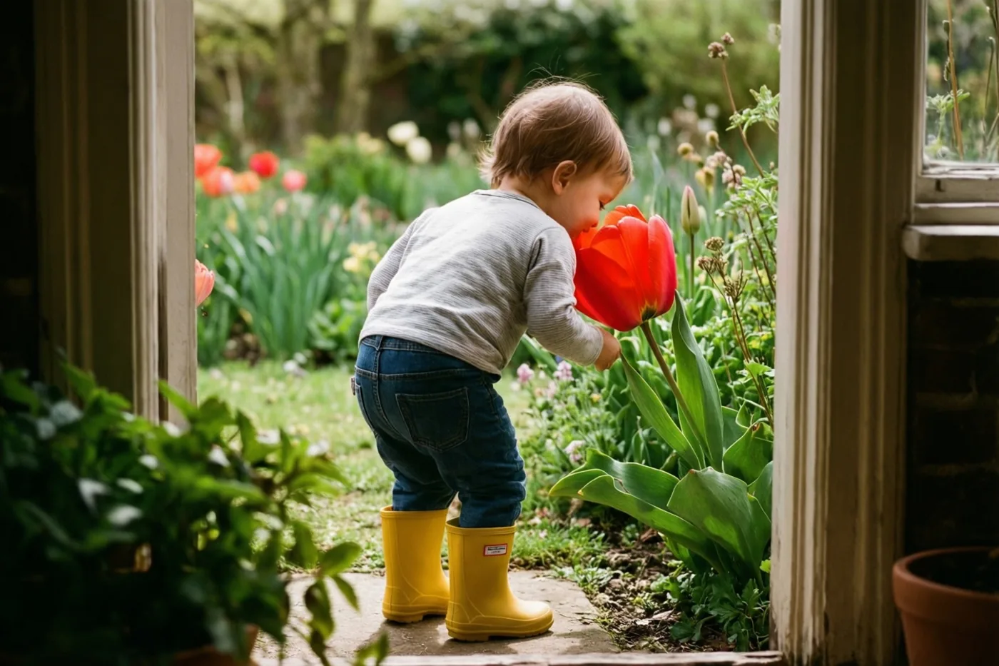 Door een deuropening is een peuter van achteren te zien die met gele rubberlaarsjes aan naar een grote rode tulp buigt, met groen en andere bloemen op de achtergrond.
