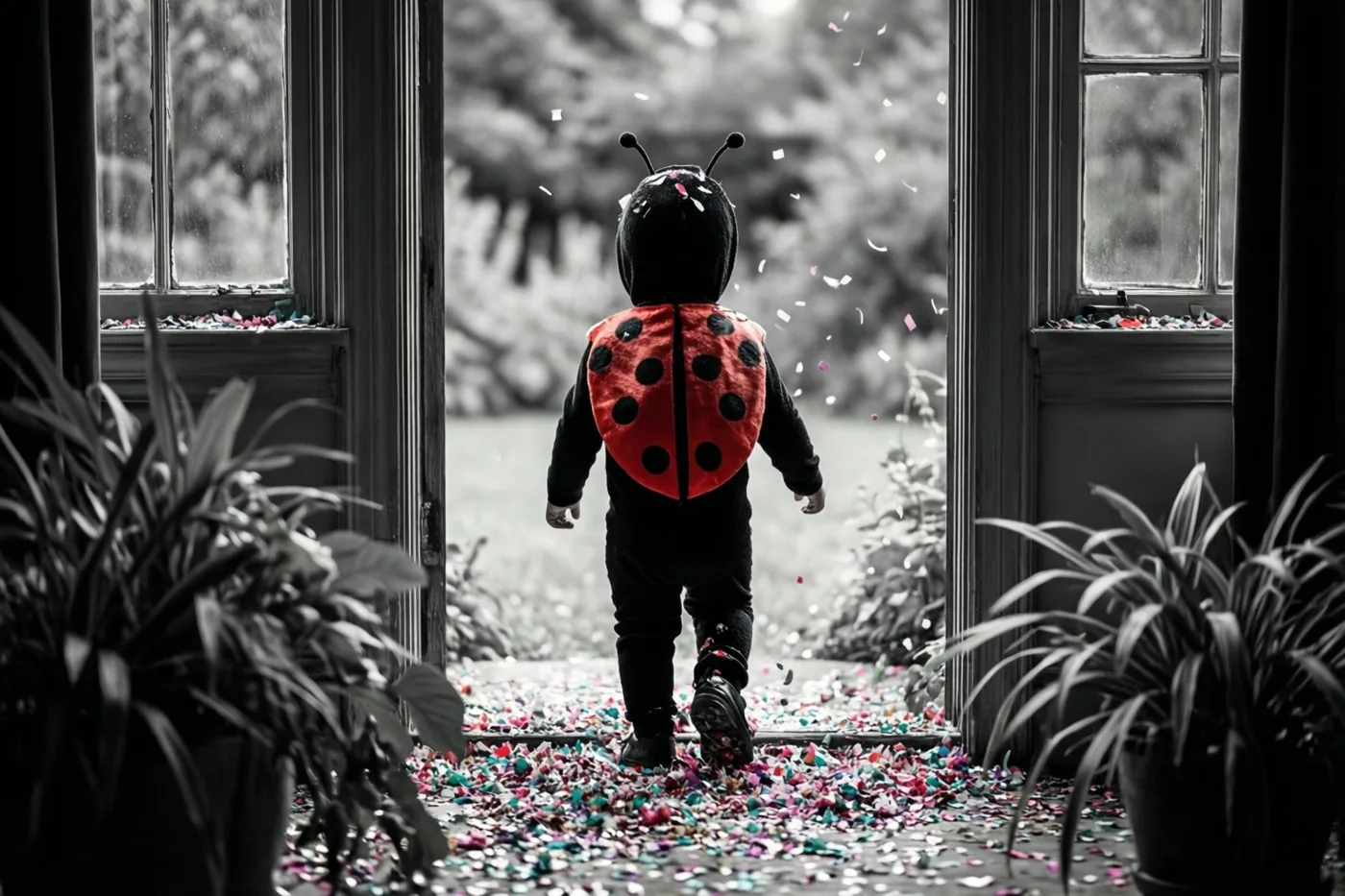 Een peuter in een rood-zwart lieveheersbeestjespak stapt van de camera weg door een deuropening met confetti, in een verder zwart-wit beeld.