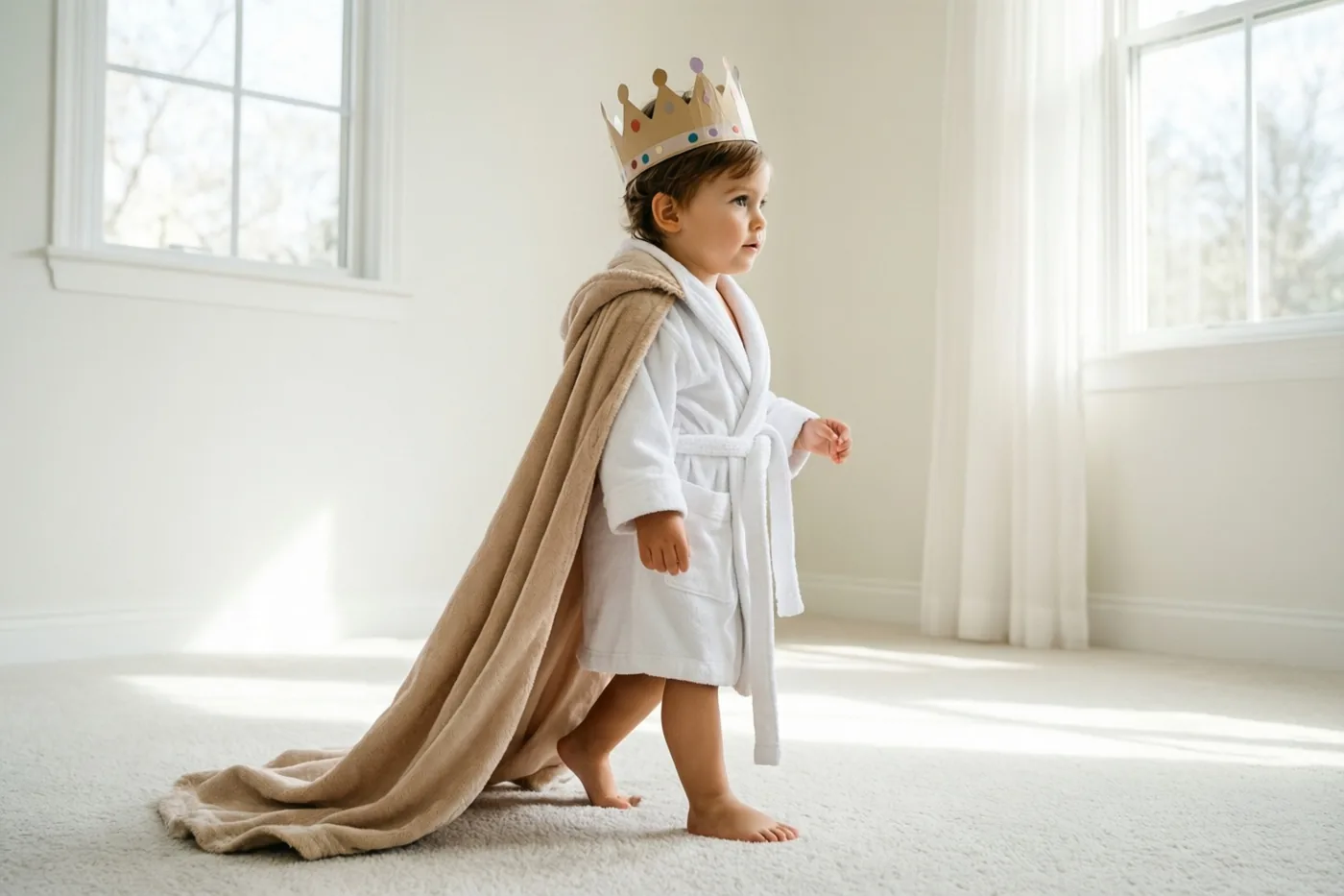 Een peuter met een papieren kroon, een witte kamerjas en een beige deken als cape loopt blootsvoets over tapijt in een sobere, lichte kamer met grote ramen.