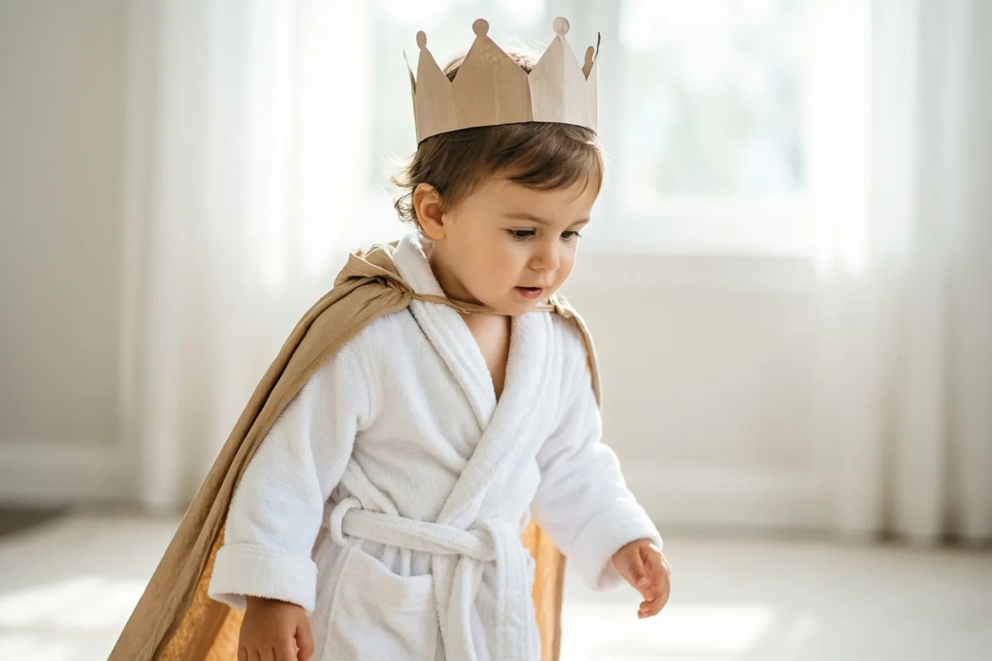 Een peuter met een papieren kroon, een witte kamerjas en een bruine stoffen cape over de schouders stapt waggelend vooruit in een lichte kamer.