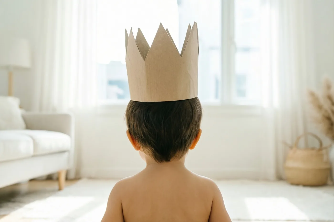Een peuter met kort donker haar staat met de rug naar de camera en een grote bruine papieren kroon op het hoofd in een lichte woonkamer met witte meubels en doorschijnende gordijnen.