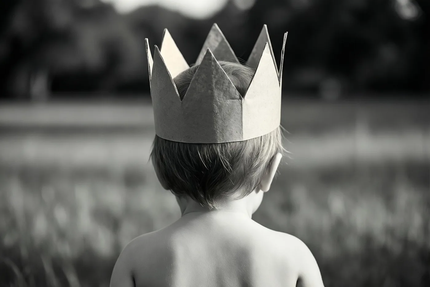 Een peuter met kort haar staat met de rug naar de camera buiten met een grote, onhandig zittende papieren kroon, voor wazig gras en bomen.