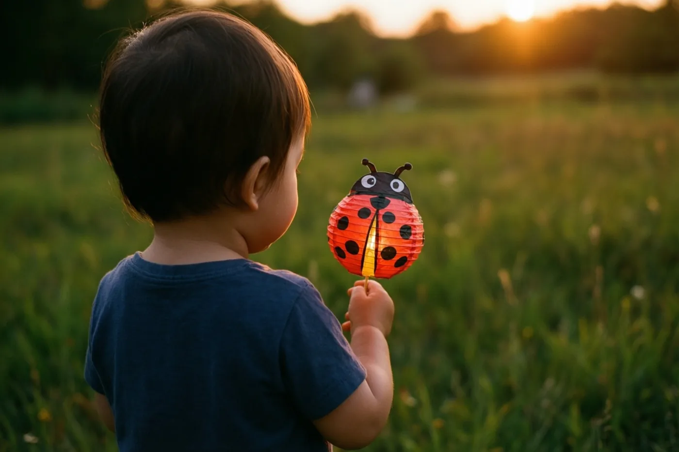 Een peuter staat met de rug naar de camera in een grasveld bij zonsondergang en houdt een brandende papieren lantaarn in de vorm van een lieveheersbeestje vast.