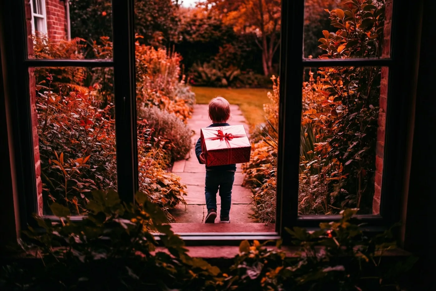 Een peuter, van achteren gezien, draagt een groot rood ingepakt cadeau over een stenen tuinpad tussen herfstbladeren in warme rood-oranje tinten.