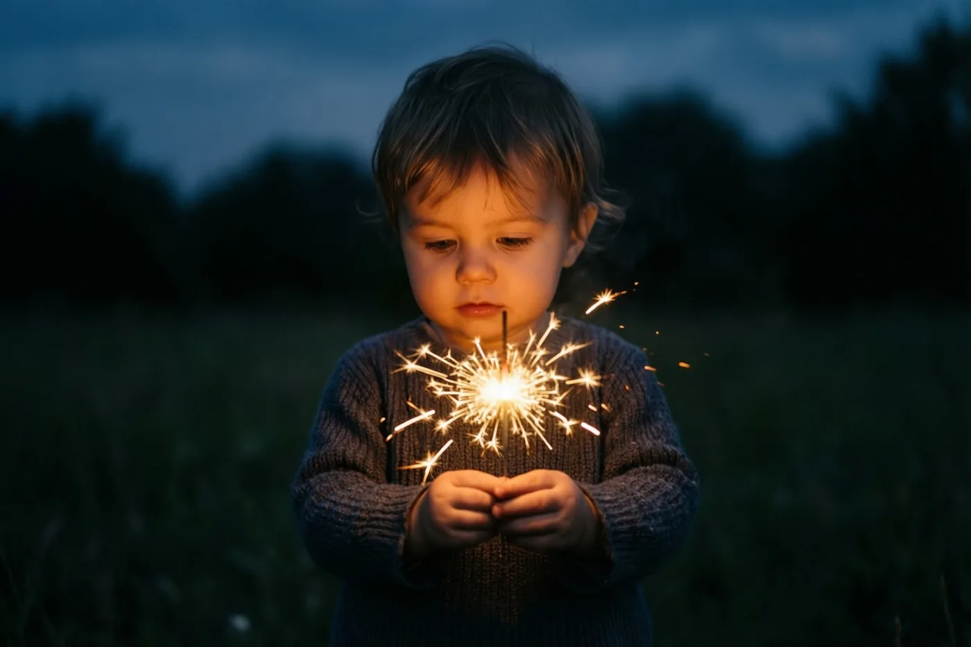 Een peuter staat bij schemering in een donker veld met een brandend sterretje dat heldere vonken verspreidt tegen de blauwe schemerlucht.