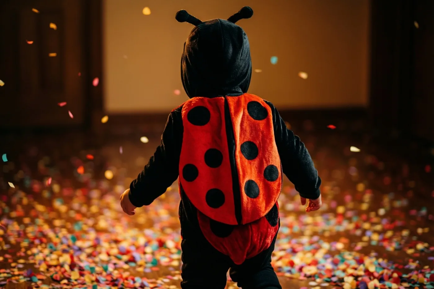 Een peuter in een lieveheersbeestjespak loopt van de camera weg over een tapijt van kleurrijke confetti tegen een zachte, goudkleurige achtergrond.