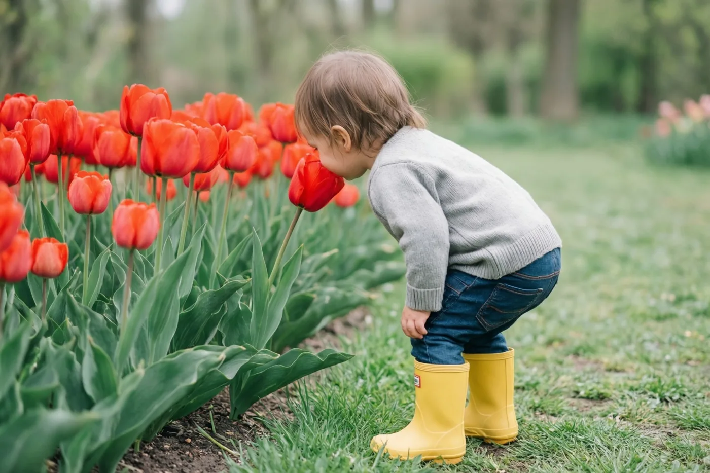 Een peuter met gele rubberlaarsjes buigt zich naar een rode tulp in een tuinborder bij het gras, met onscherpe bomen en bloemen op de achtergrond.