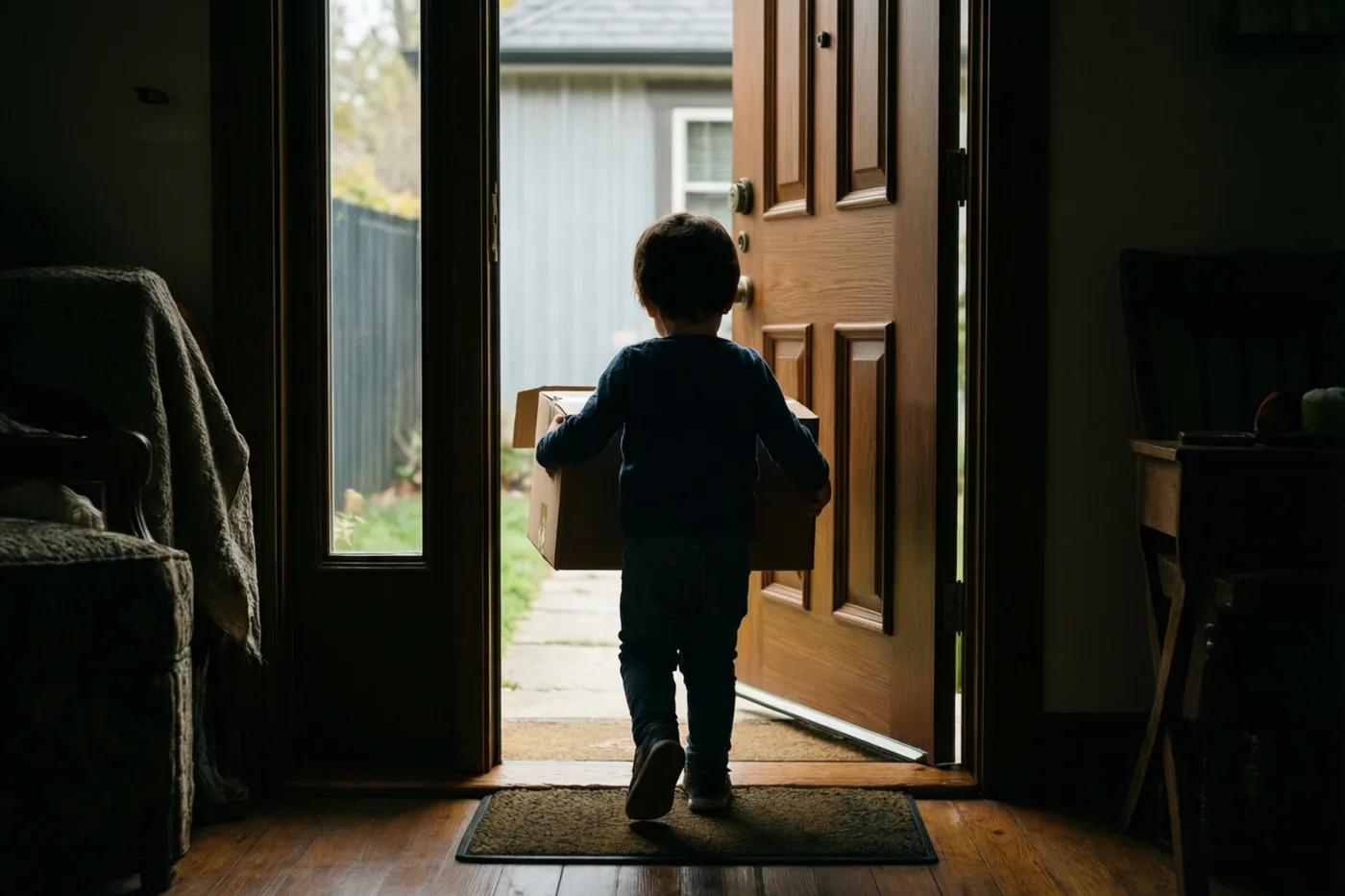 Een peuter draagt een kleine kartonnen doos door een open voordeur naar het heldere buitenlicht, van achteren gezien vanuit een schemerig interieur met warme houttinten.