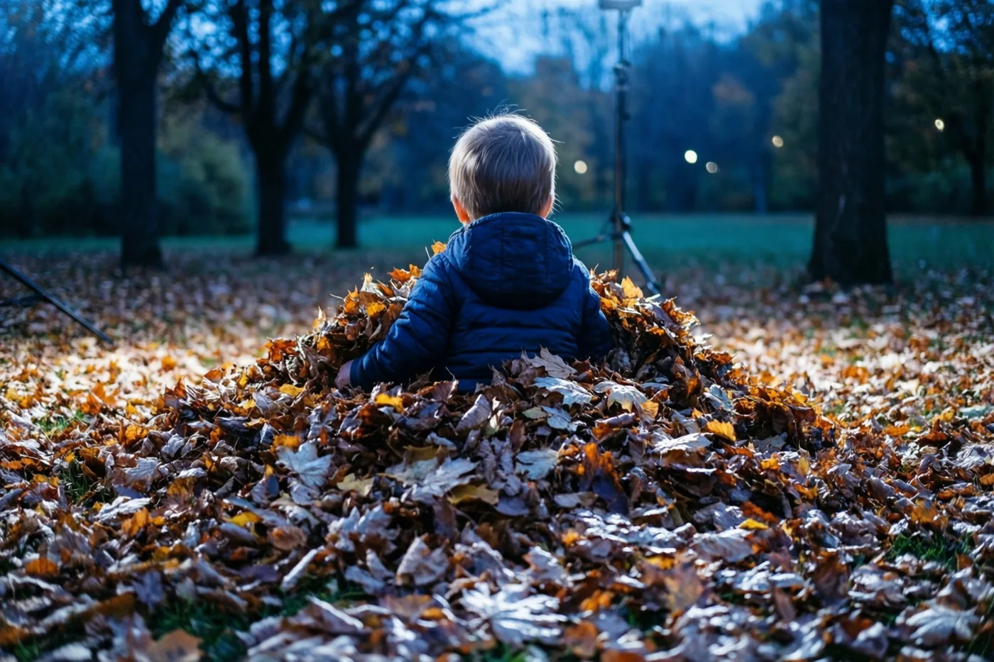 Een peuter zit met de rug naar de camera tot aan het middel in een grote hoop herfstbladeren in een park, met goudkleurig licht op de bladeren en koele blauwe tinten erachter.