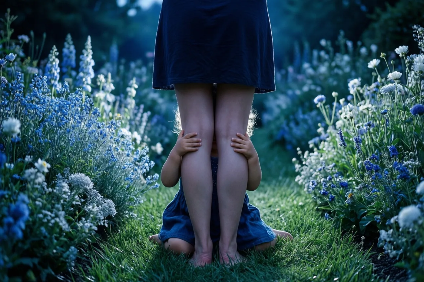 Een peuter is van achteren te zien terwijl die de benen van een vrouw omhelst in een tuin met blauwe en witte bloemen.