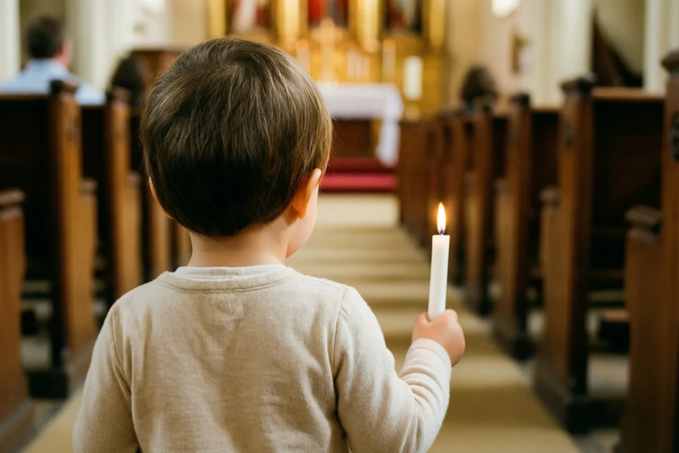 Een peuter met kort bruin haar loopt van achteren gezien met een brandende witte doopkaars door een warm verlichte kerk met houten banken en een altaar in de verte.