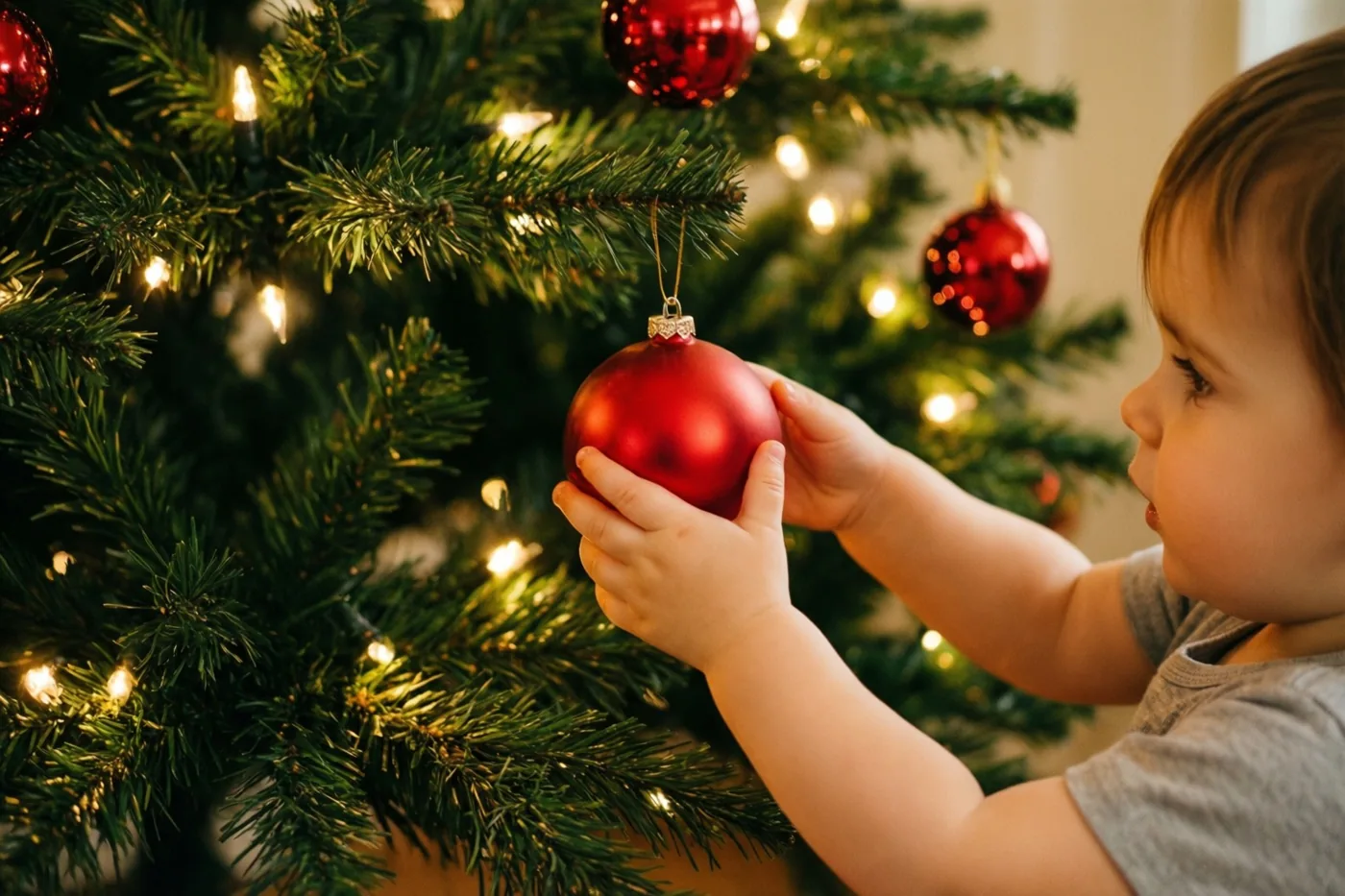Een peuter reikt met beide handen naar een verlichte kerstboom om er een rode kerstbal in te hangen.