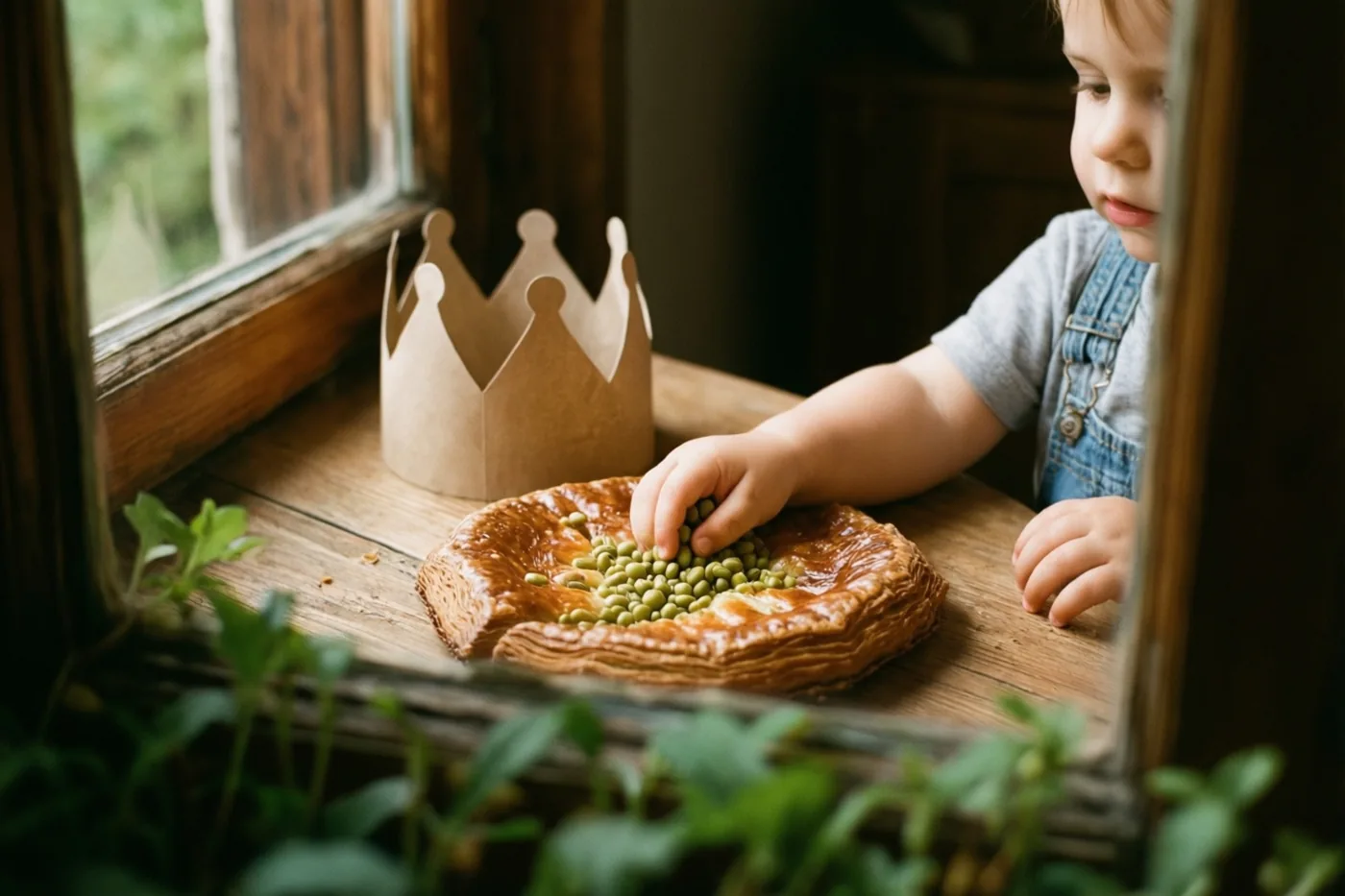 Een peuterhand stopt een groene boon in een goudbruine galette op een houten vensterbank, met een papieren kroon erbij en een houten raam en groene bladeren rondom.