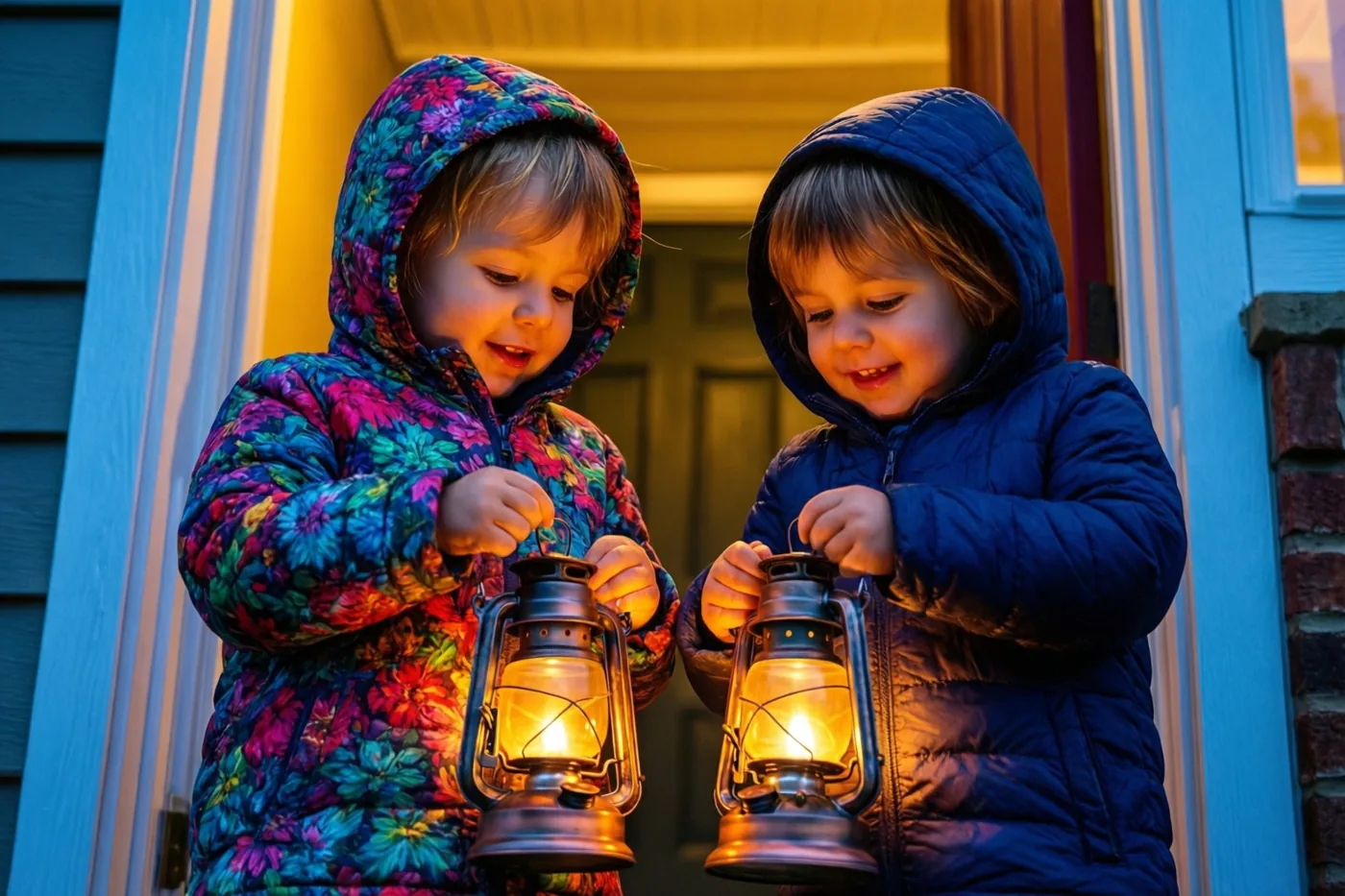 Twee peuters in winterjassen met een kap staan op een drempel voor een blauwe gevel en kijken elk naar hun brandende lantaarn.