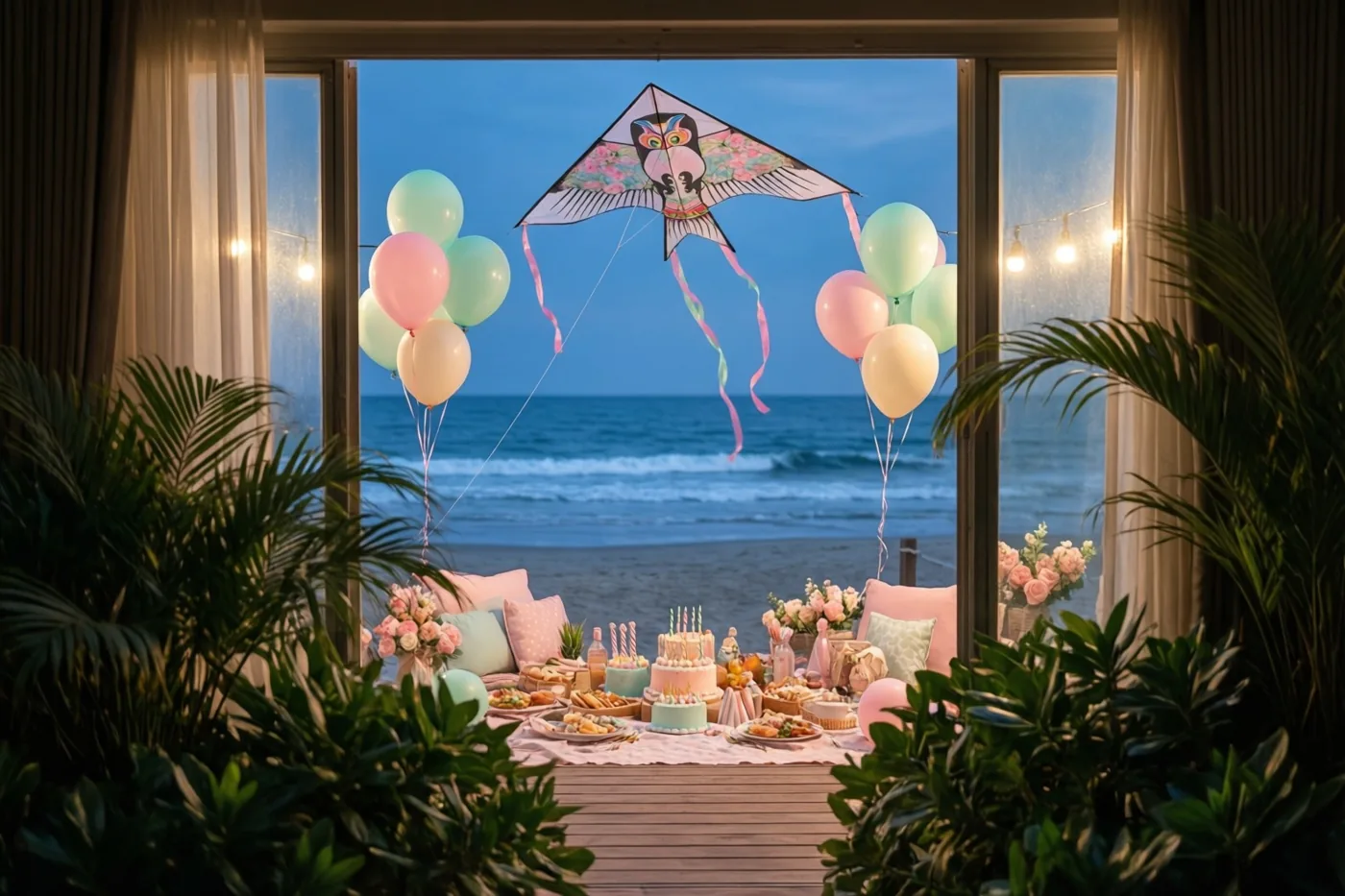Op een houten terras boven het strand staat bij schemering een verjaardagspicknick klaar, met een kleurrijke uilvormige vlieger en pastelballonnen in de lucht, omringd door kamerplanten en lichtslingers.