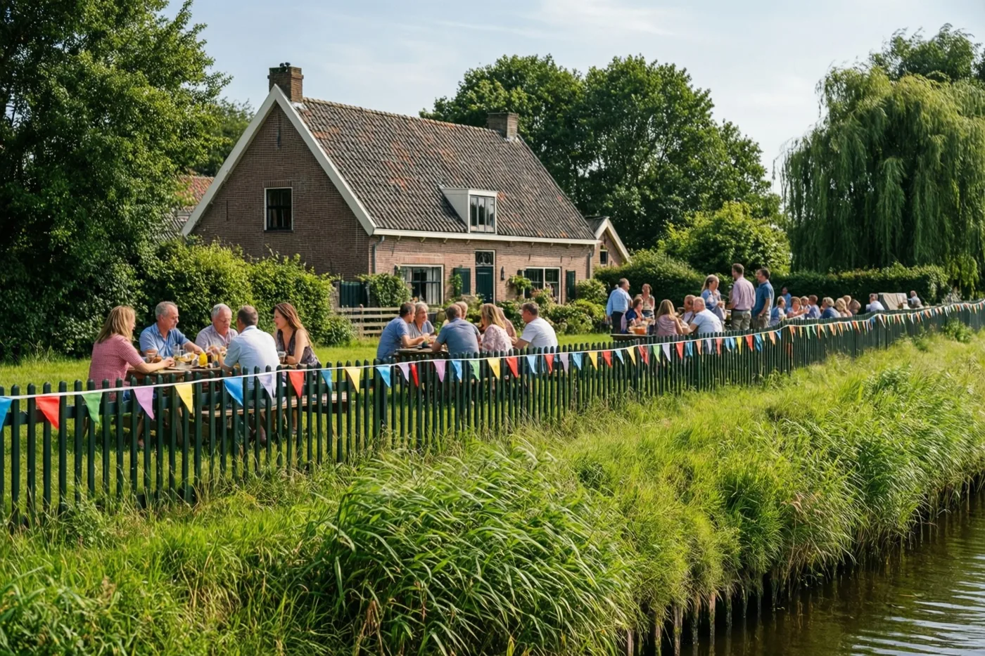 Mensen picknicken aan tafels langs een groene polderdijk achter een groen lattenhek met kleurrijke vlaggetjes, met een bakstenen hoeve met pannendak, bomen en planten onder een heldere hemel op de achtergrond.
