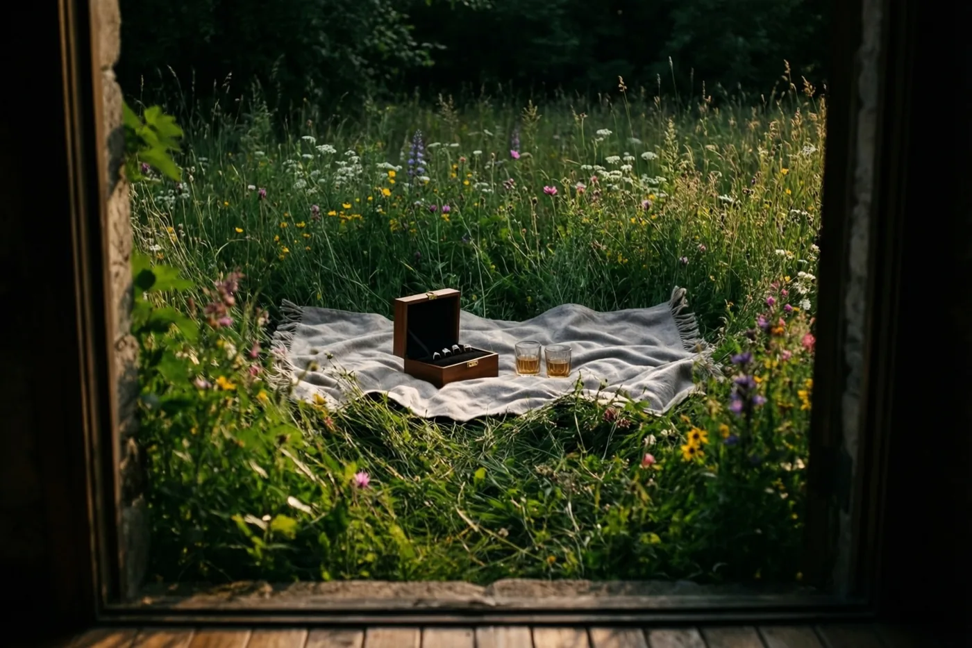 Door een houten raam is een picknickdeken met een open houten ringdoosje en twee glazen te zien in een zonnige weide met wilde bloemen.