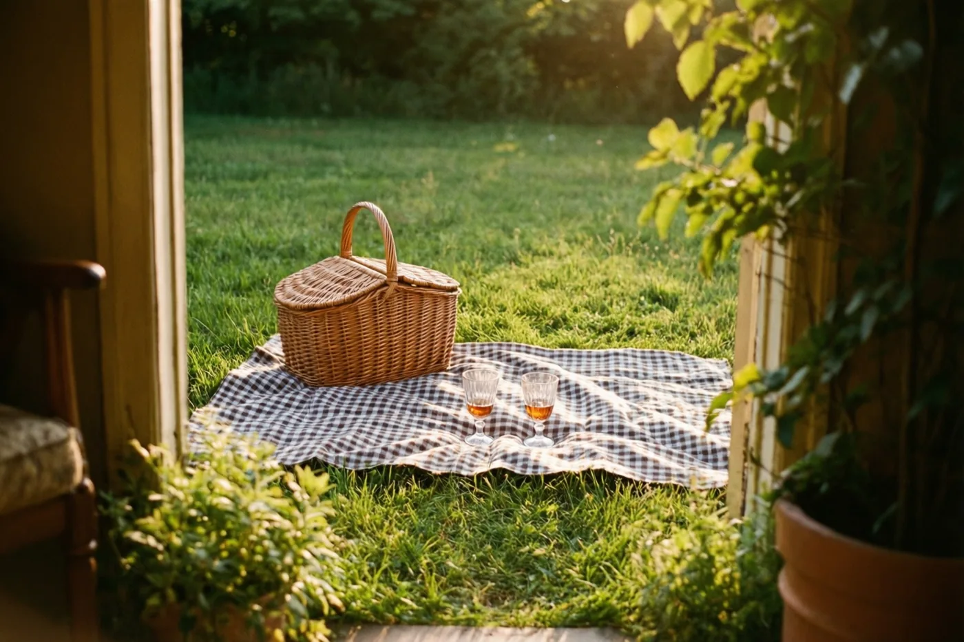 Door een open deuropening zijn een rieten picknickmand en twee glazen op een geruite deken op groen gras in warm, goudkleurig zonlicht te zien.