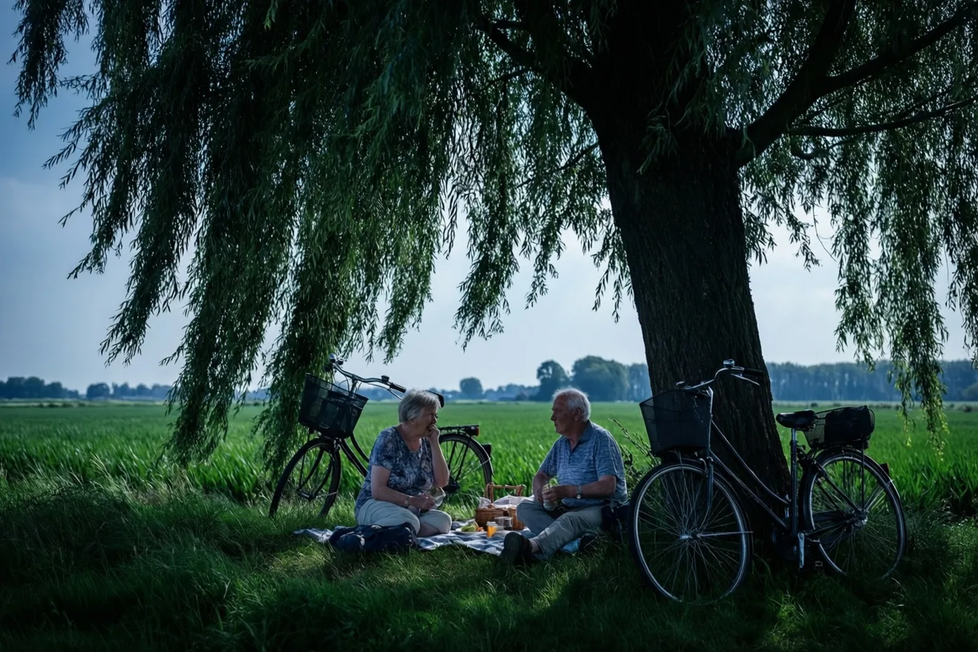 Een ouder koppel zit te picknicken op een deken in de schaduw van een grote wilg, met hun fietsen ernaast in een groen polderlandschap.