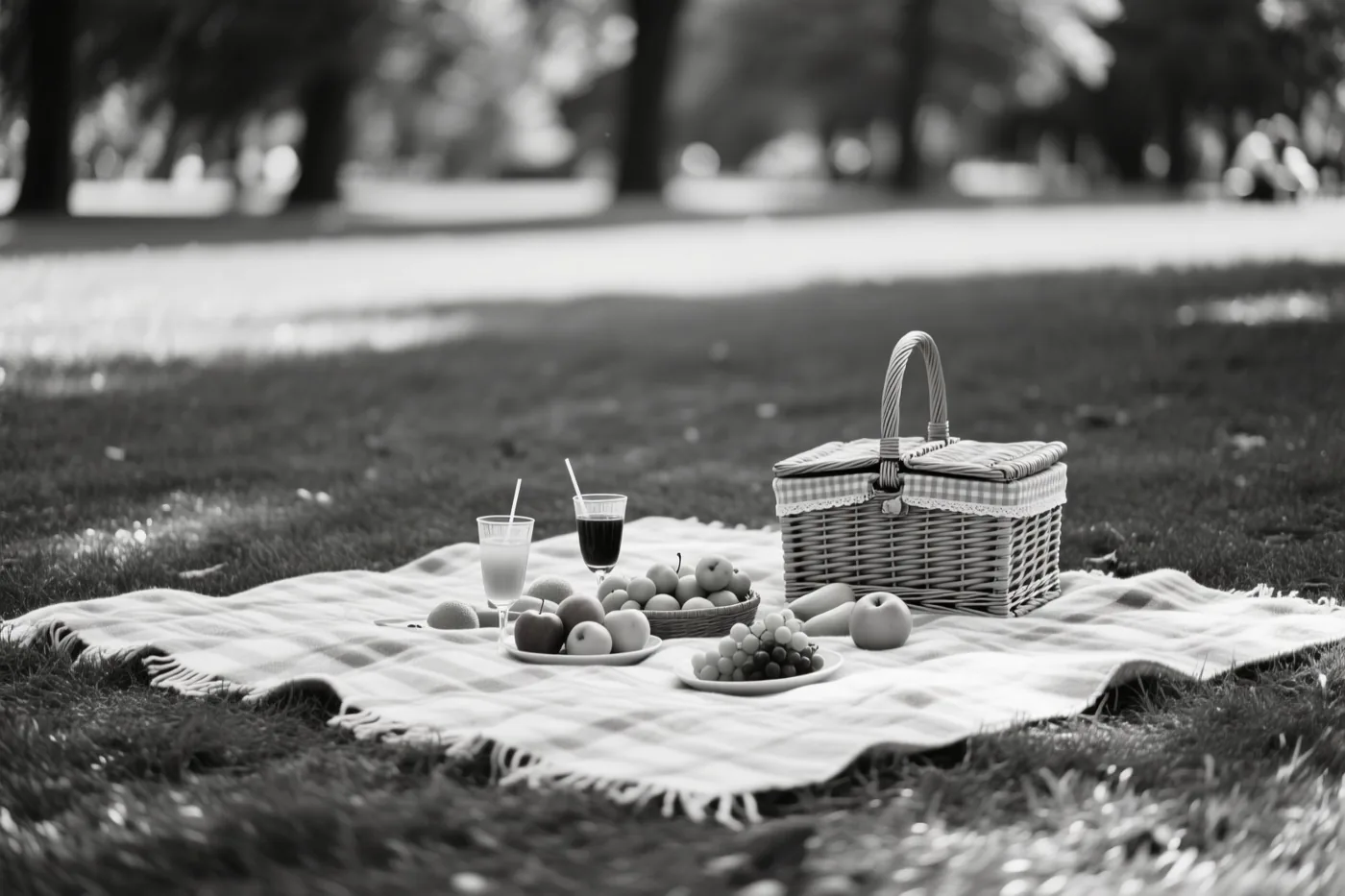 Een zwart-witfoto toont een picknick op een grasveld in een park, met een gevlochten mand, een geruit deken, borden fruit en twee glazen met rietjes.