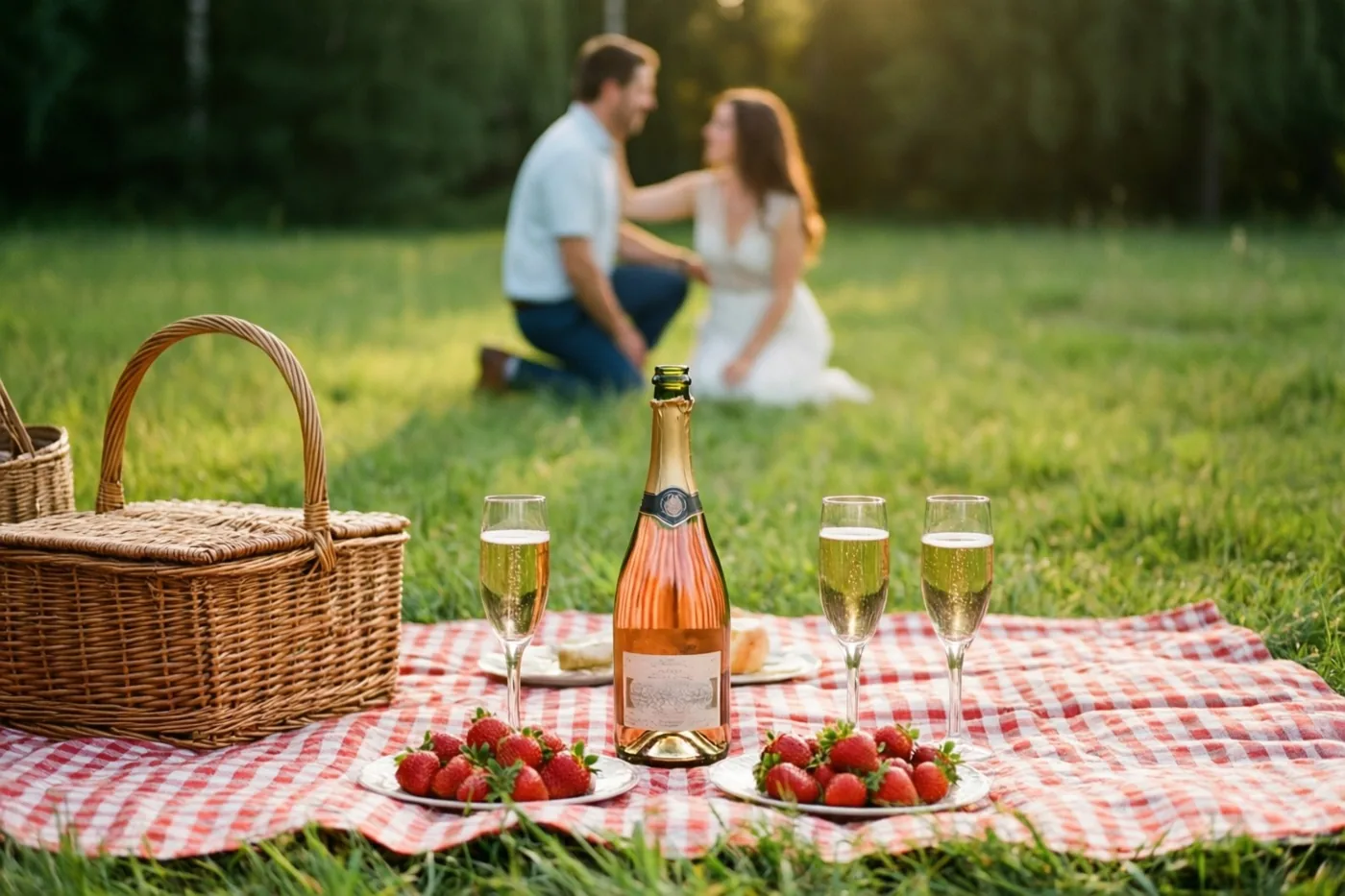 Champagne en aardbeien staan op een rood-wit geruit picknickdeken in een grasveld, met in de verte een koppel van wie één persoon knielt en de ander zit.