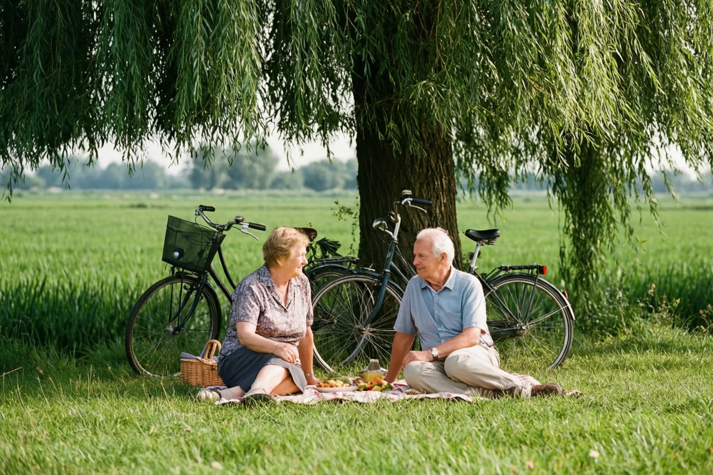 Een ouder koppel zit met eten en drinken op een deken onder een grote wilg in een groene weide, met twee fietsen naast zich en bomen in de verte.