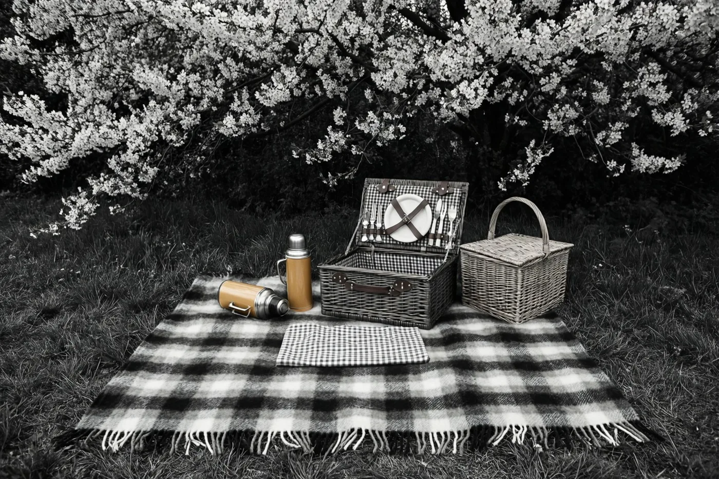 Een geruite deken, een thermos en een rieten mand staan op het gras onder een bloeiende boom, in een zwart-witbeeld waarin alleen de thermos in kleur is weergegeven.