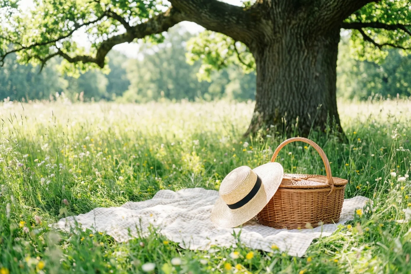 Een rieten picknickmand en een strohoed liggen op een geruit deken in een zonnige zomerweide, in de schaduw van een grote oude eik.