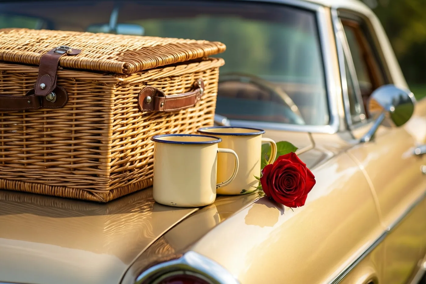 Een rieten picknickmand, twee geëmailleerde kopjes en een rode roos staan op de motorkap van een crèmekleurige oldtimer in warm zonlicht.