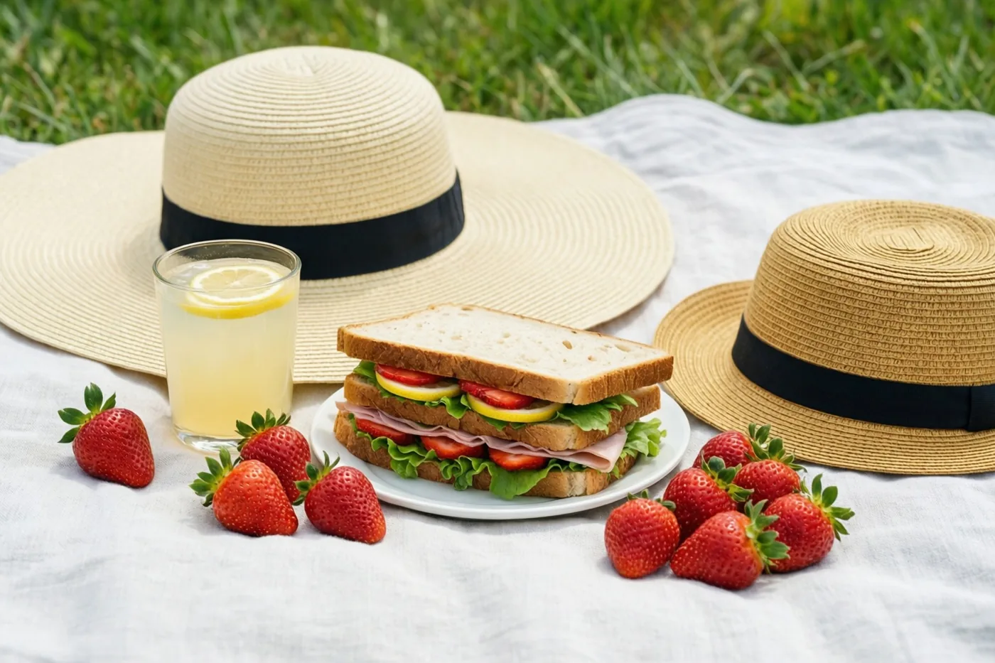 Op een wit kleed in het groene gras liggen een broodje en aardbeien bij limonade, met een grote en een kleine strohoed ernaast.