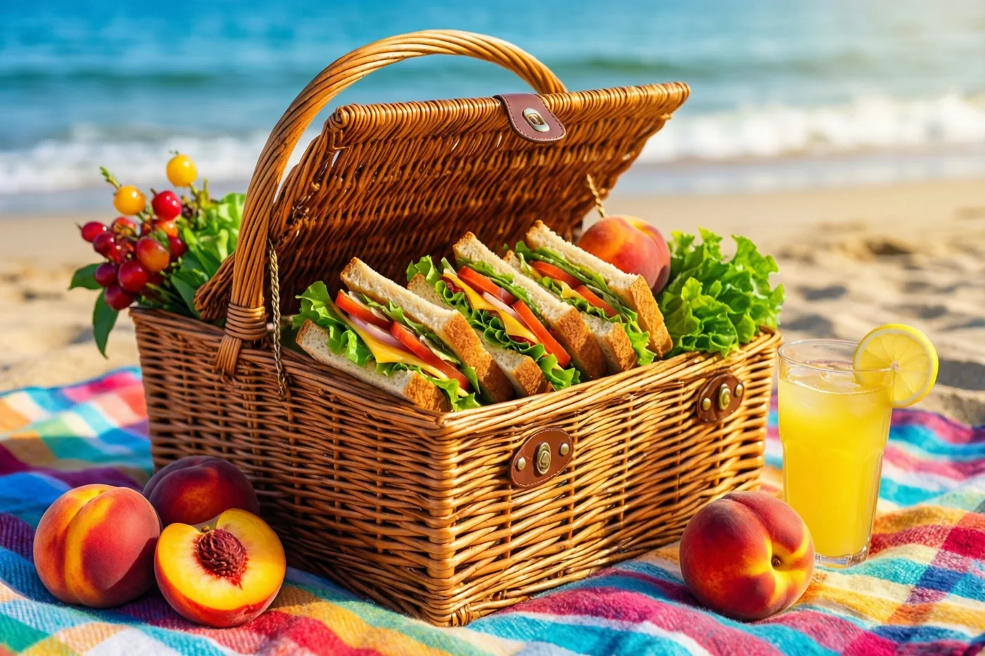 Een rieten mand met belegde boterhammen en perziken staat met een glas limonade op een kleurrijk gestreept deken op het strand, met blauwe zeegolven op de achtergrond.