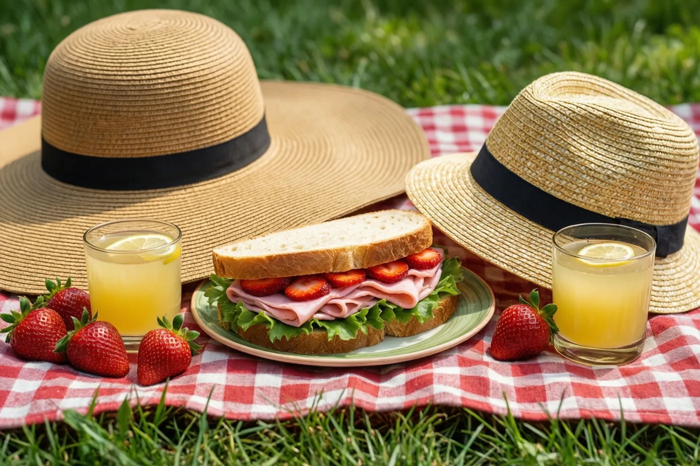 Op een rood-wit geruit deken in het gras liggen een broodje met ham en aardbeien, losse aardbeien, twee glazen limonade en een grote en een kleine strohoed.