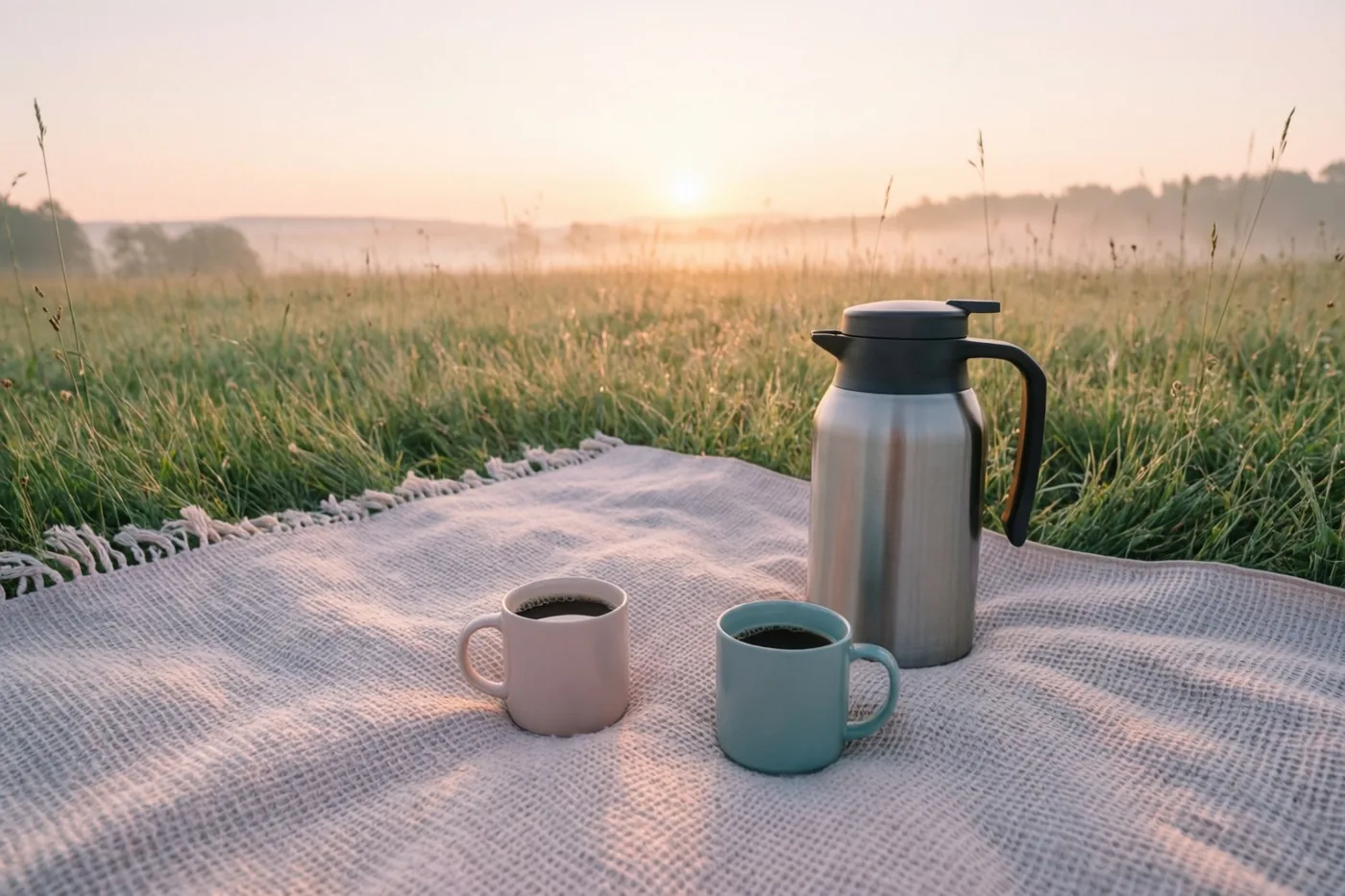 Een picknickdeken ligt in een grasweide met een zilverkleurige thermos en twee mokken koffie in het warme gouden licht van de zonsopgang.