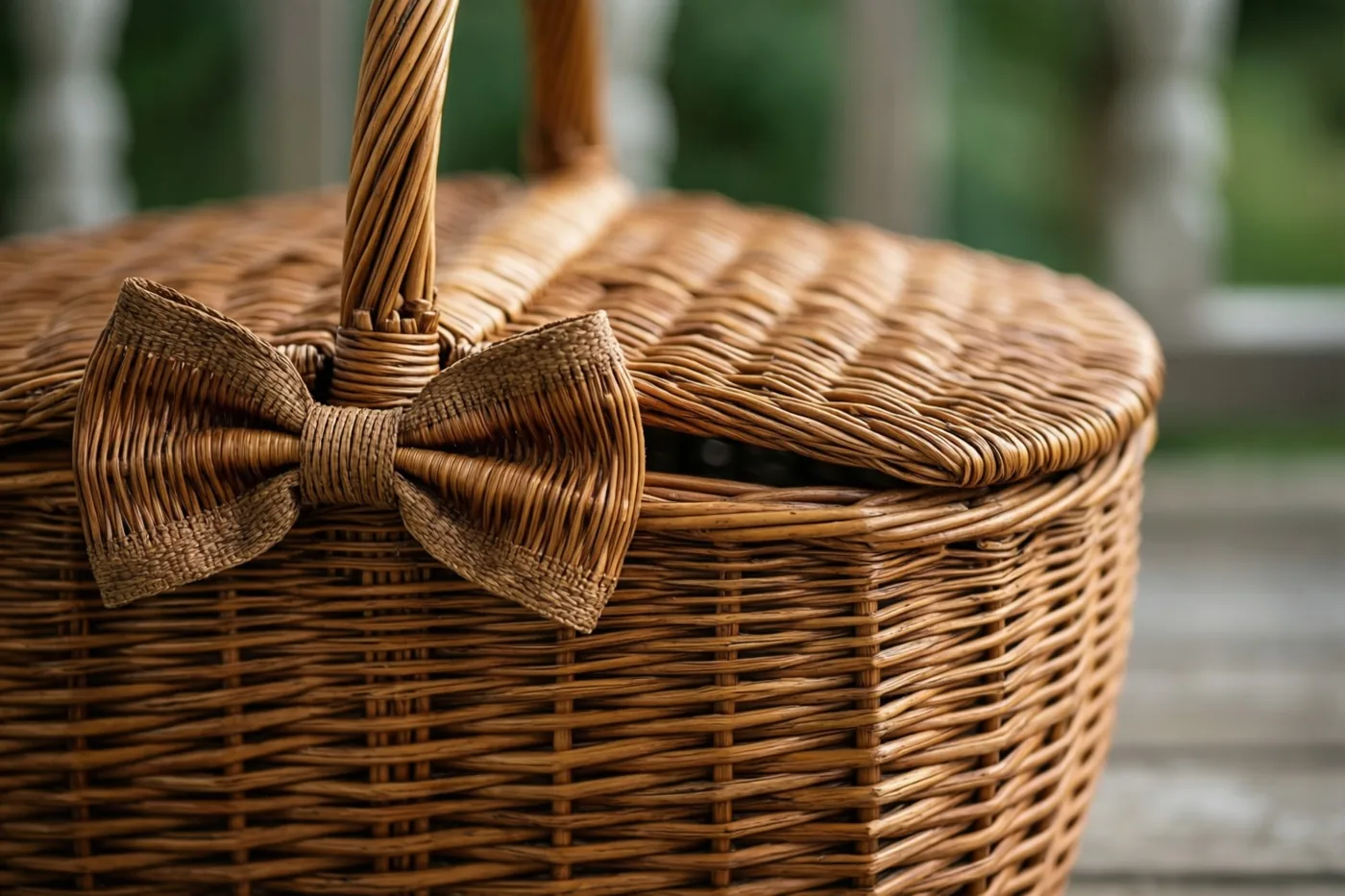 Een rieten picknickmand met een gevlochten strik staat van dichtbij in beeld op een houten veranda, met een zachtgroene achtergrond.