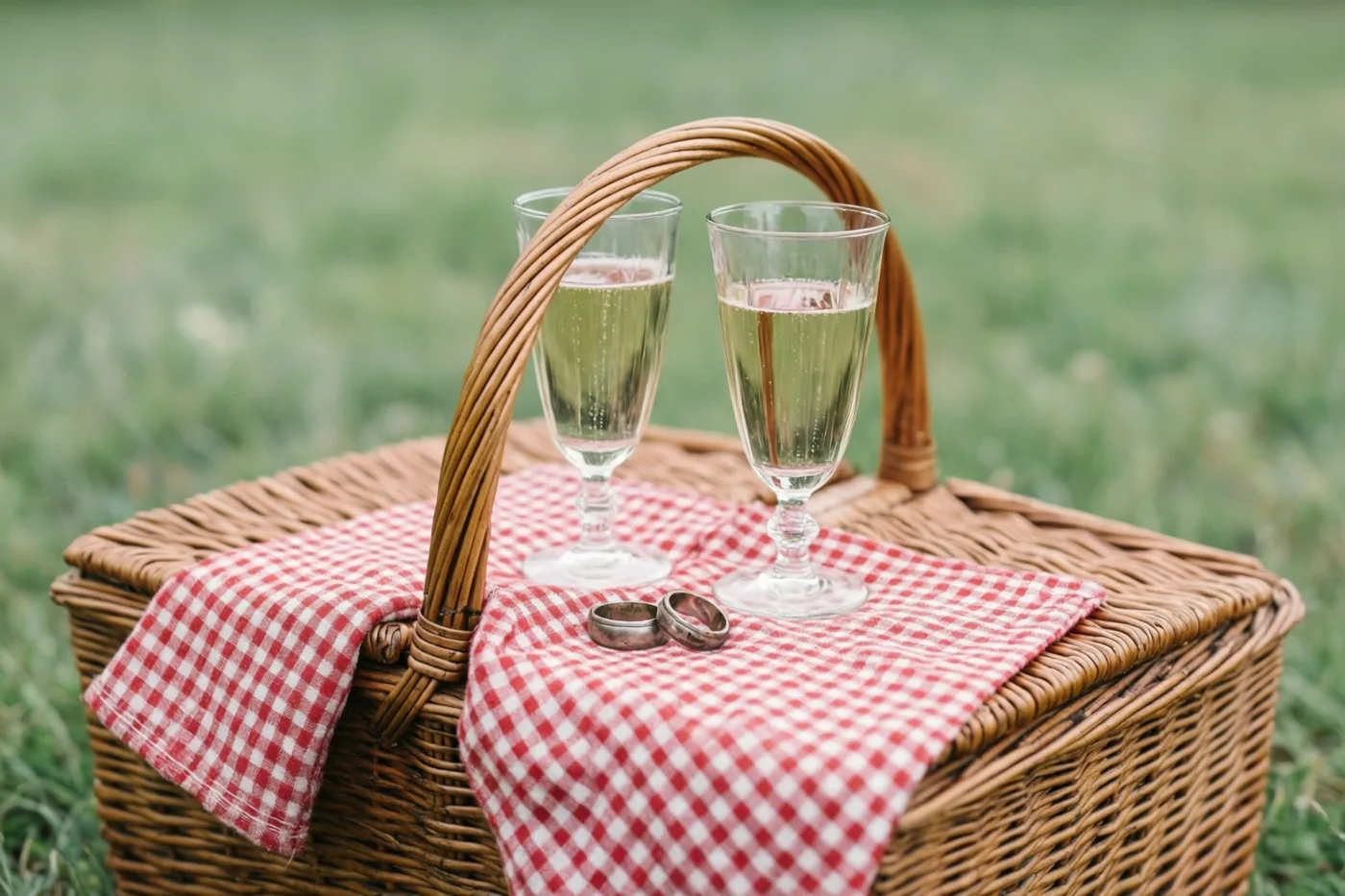 Een rieten picknickmand staat op het gras met een rood-wit geruite doek erop, waarop twee champagnefluiten en twee versleten trouwringen liggen.