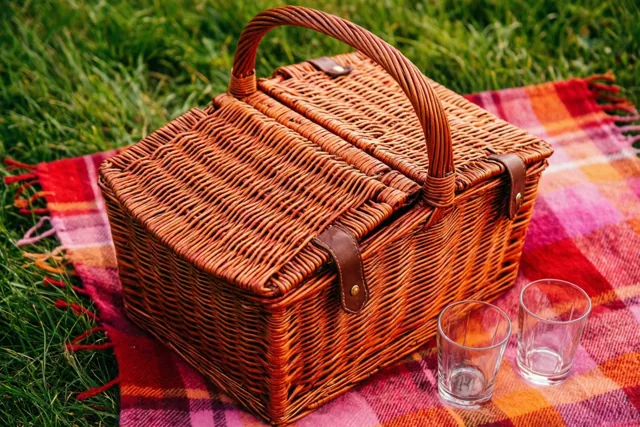 Een rieten picknickmand met leren riemen staat met twee lege glazen op een rood-roze geruite deken op groen gras.