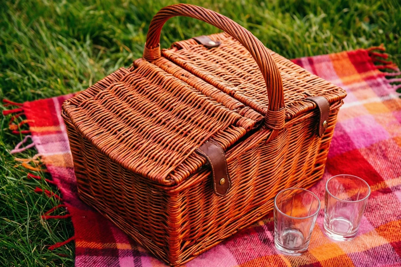 Een rieten picknickmand met leren riemen staat met twee lege glazen op een rood-roze geruite deken op groen gras.