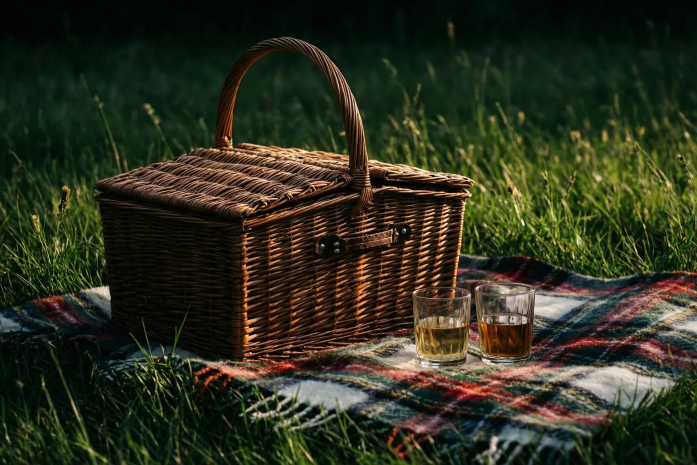 Een rieten picknickmand staat op een geruite deken op groen gras naast twee gevulde glazen in warm, goudkleurig zonlicht.
