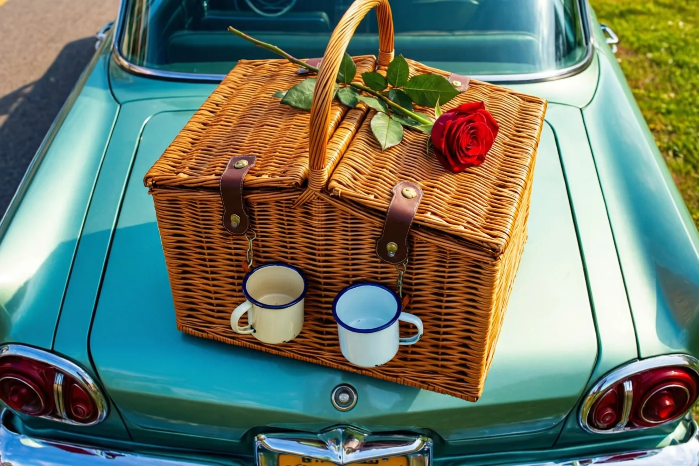 Een rieten picknickmand met twee geëmailleerde kopjes en een rode roos staat op de motorkap van een blauwgroene oldtimer in fel zonlicht.